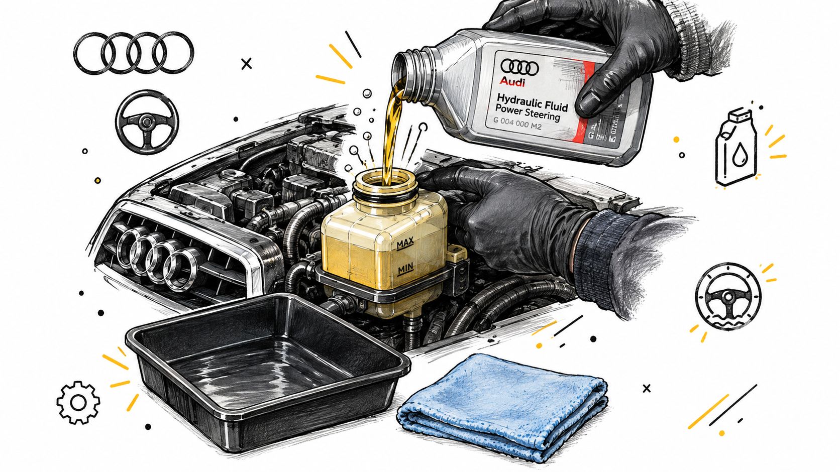 A gloved hand pours Audi hydraulic power steering fluid into a car reservoir during maintenance.