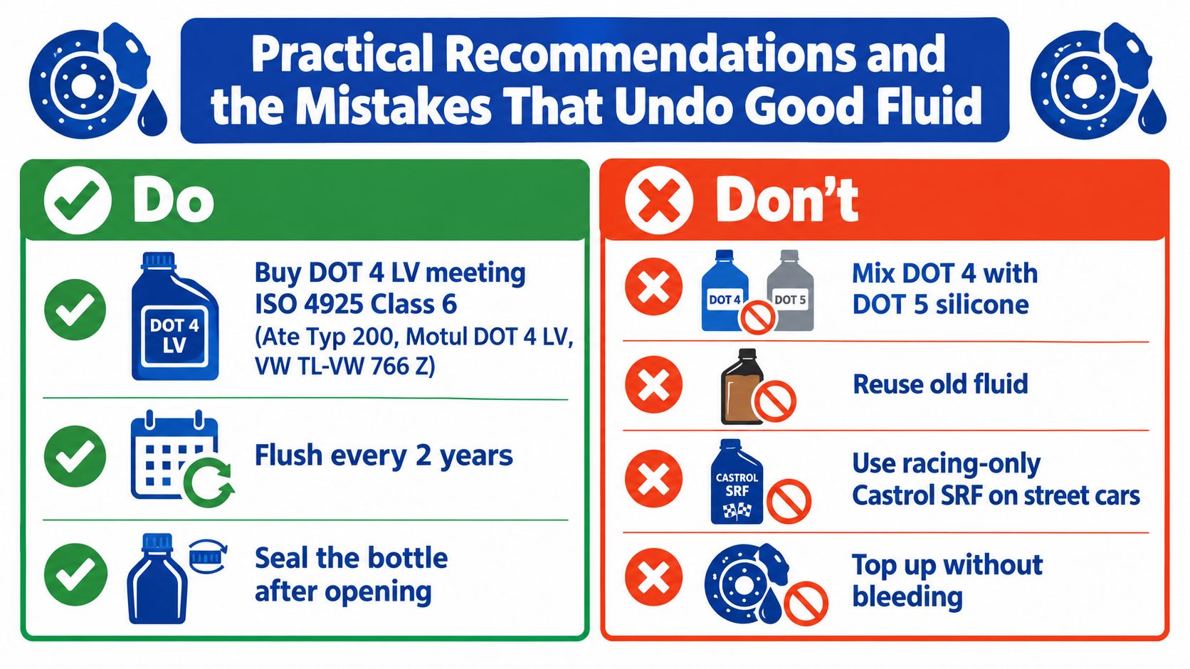 An infographic showing recommended practices and common mistakes for maintaining and handling automotive brake fluid.