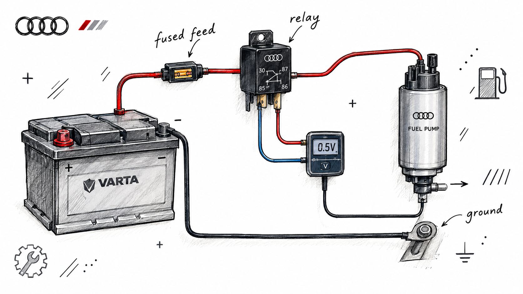 Technical diagram showing a Varta battery connected to an Audi fuel pump relay and digital voltmeter.