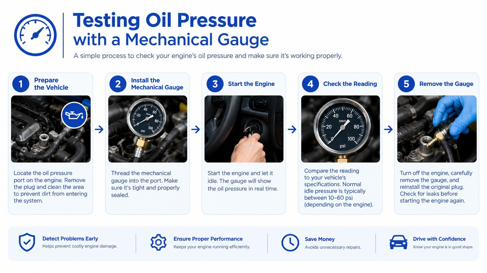 An infographic showing a five-step process for testing a vehicle's engine oil pressure using a mechanical gauge.