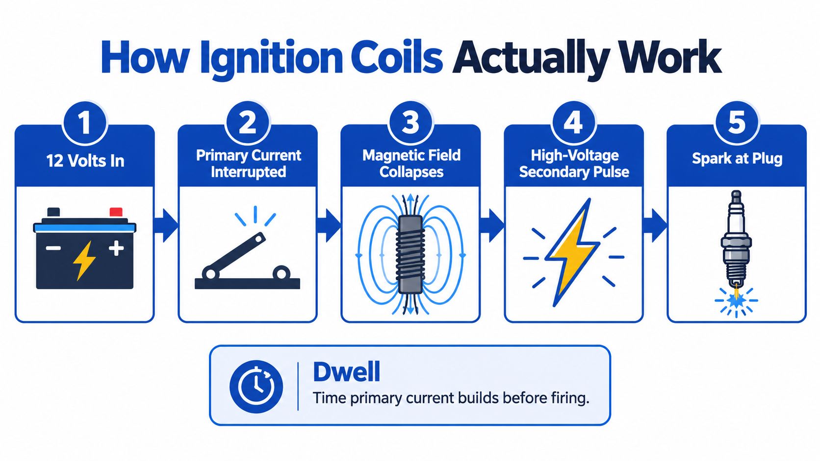 A five-step diagram explaining how ignition coils function, starting from battery power to the final spark.