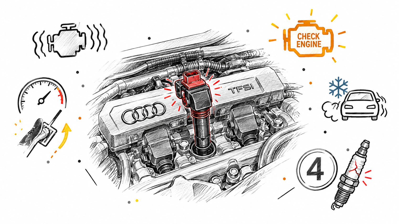 A detailed technical illustration of an Audi TFSI car engine with a highlighted faulty ignition coil.