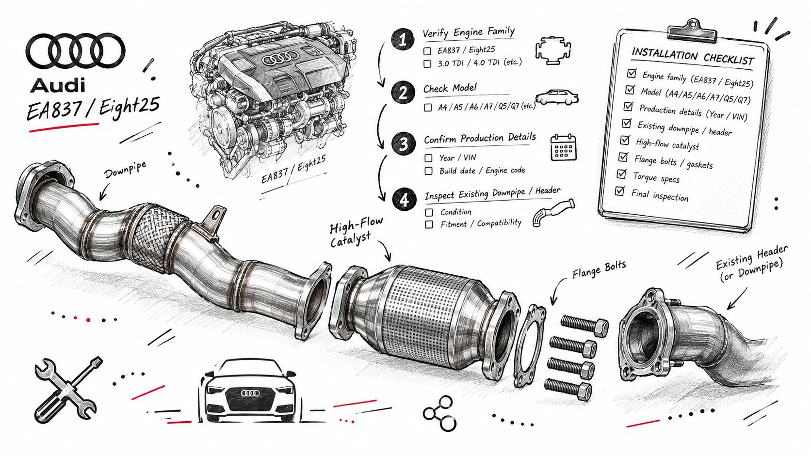An illustrated guide showing Audi EA837 engine parts, a high-flow catalytic converter, and an installation checklist.
