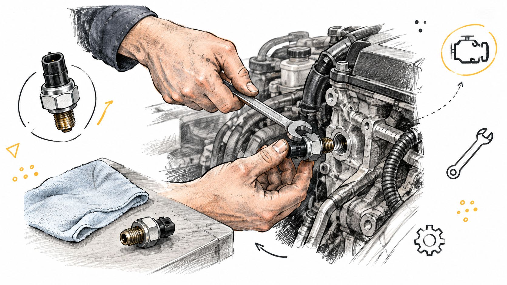 A mechanic performing an engine repair by installing an oil pressure sensor into the engine block.
