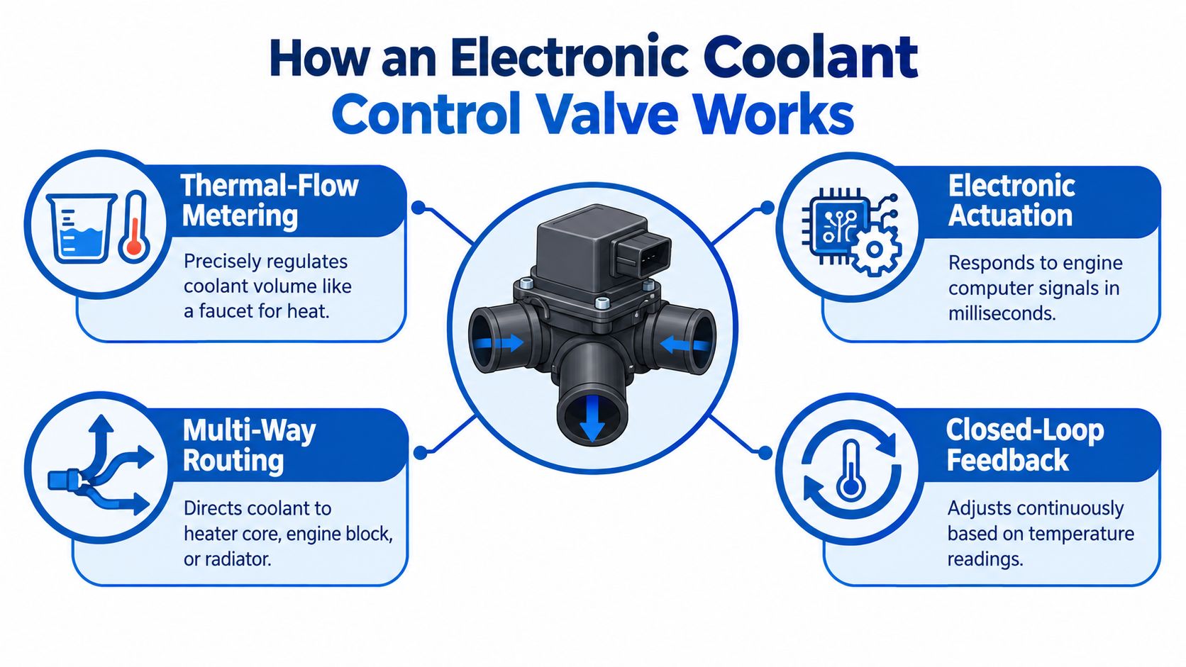 A diagram explaining how an electronic coolant control valve works, detailing its four main functional features.