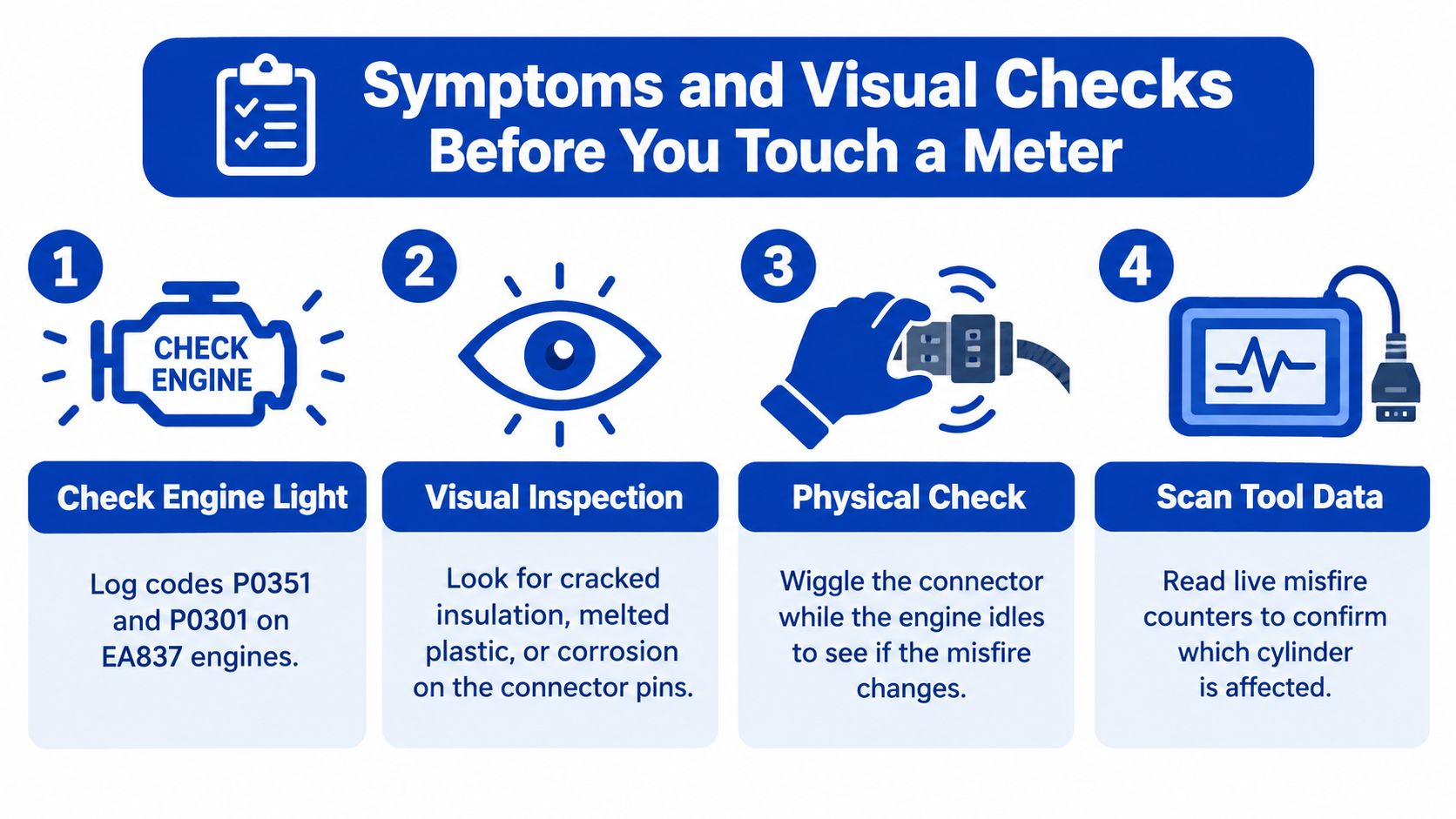 An infographic showing four steps for diagnosing ignition coil connector issues before using a multimeter.