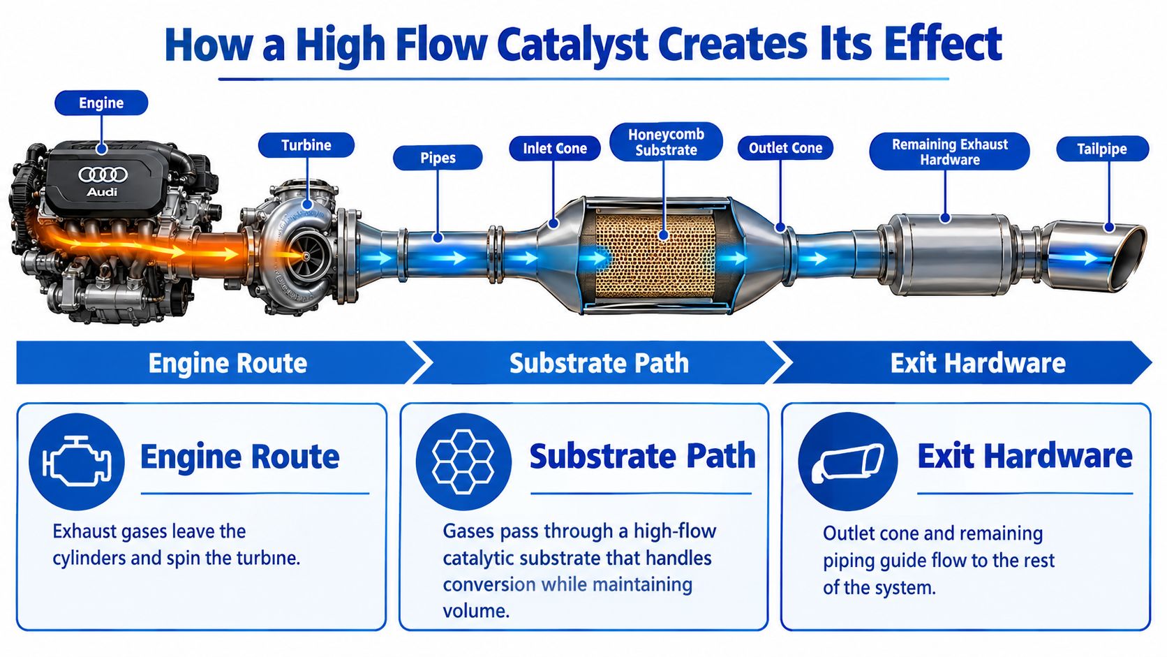 A technical diagram illustrating the flow of exhaust gases through a high-flow catalytic converter and exhaust system.