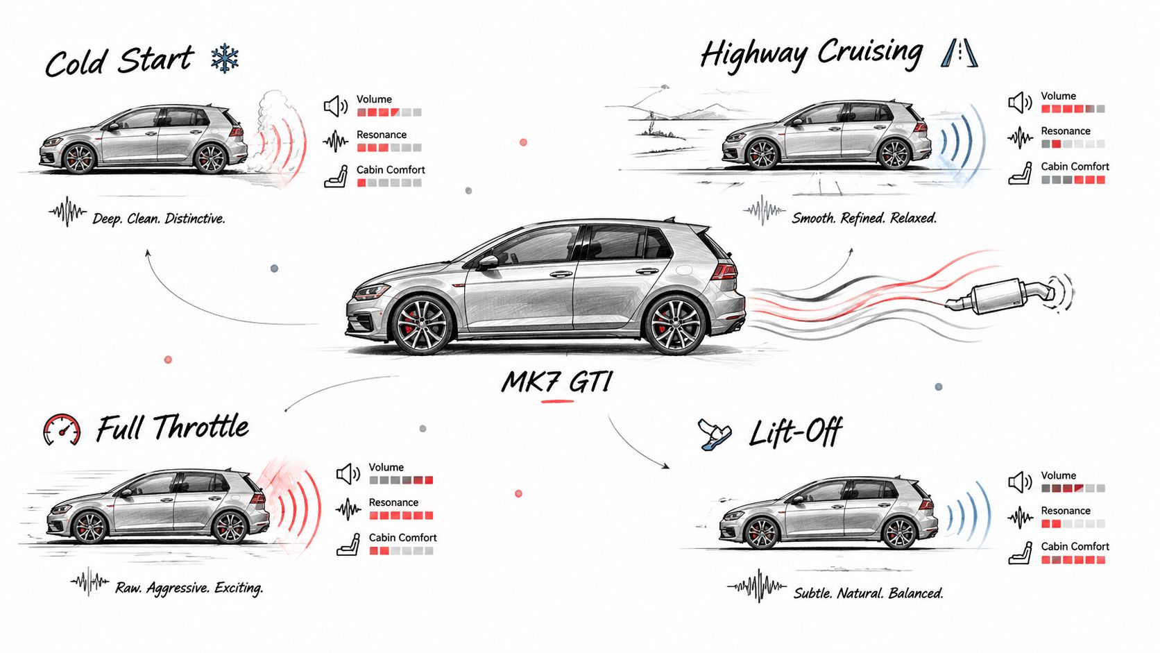 A diagram comparing the exhaust sound characteristics of a Volkswagen MK7 GTI during different driving scenarios.