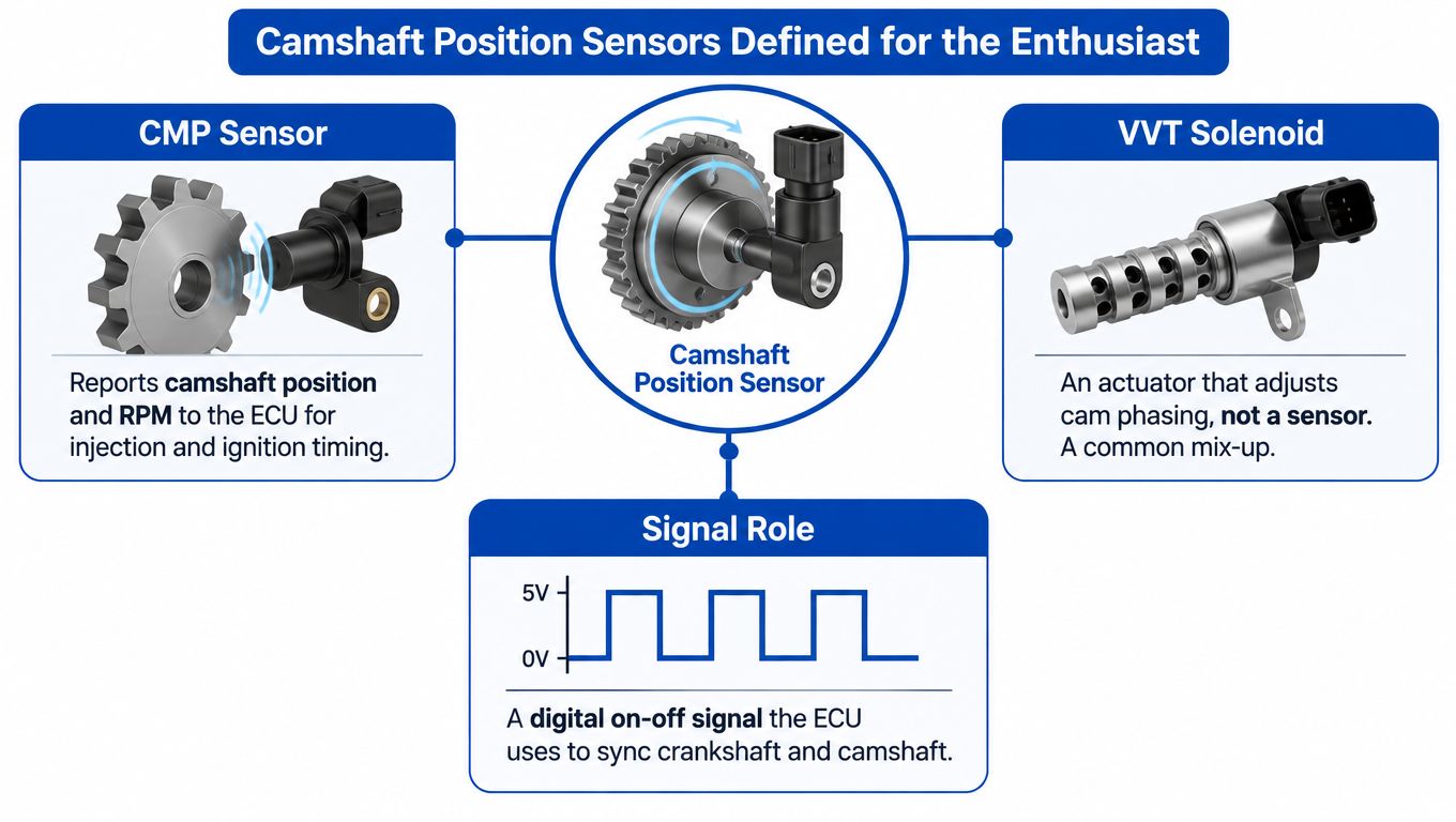 A diagram explaining camshaft position sensors, VVT solenoids, and how their digital signals synchronize engine timing systems.