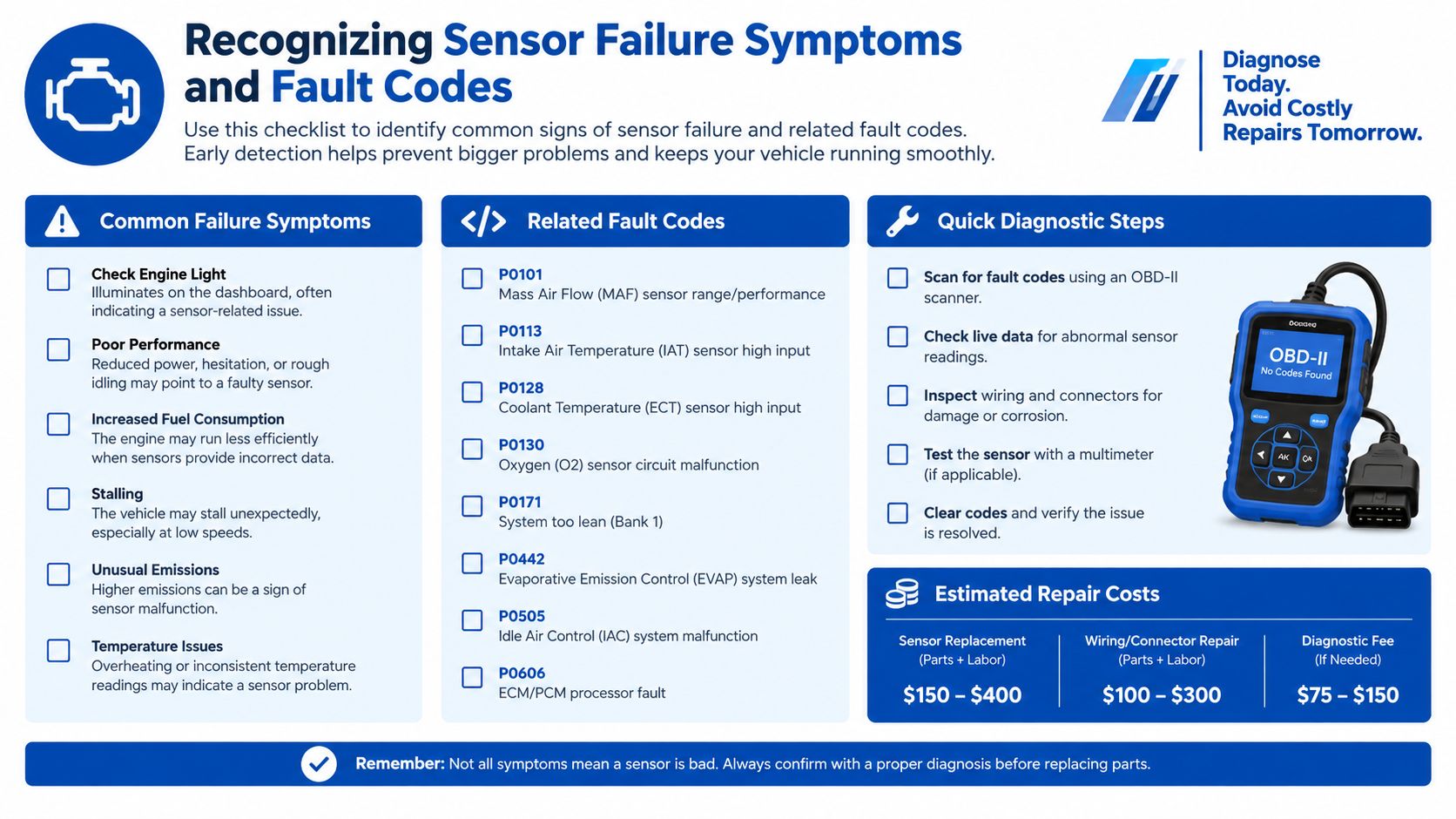A diagnostic checklist for identifying common car sensor failure symptoms, fault codes, and estimated repair costs.