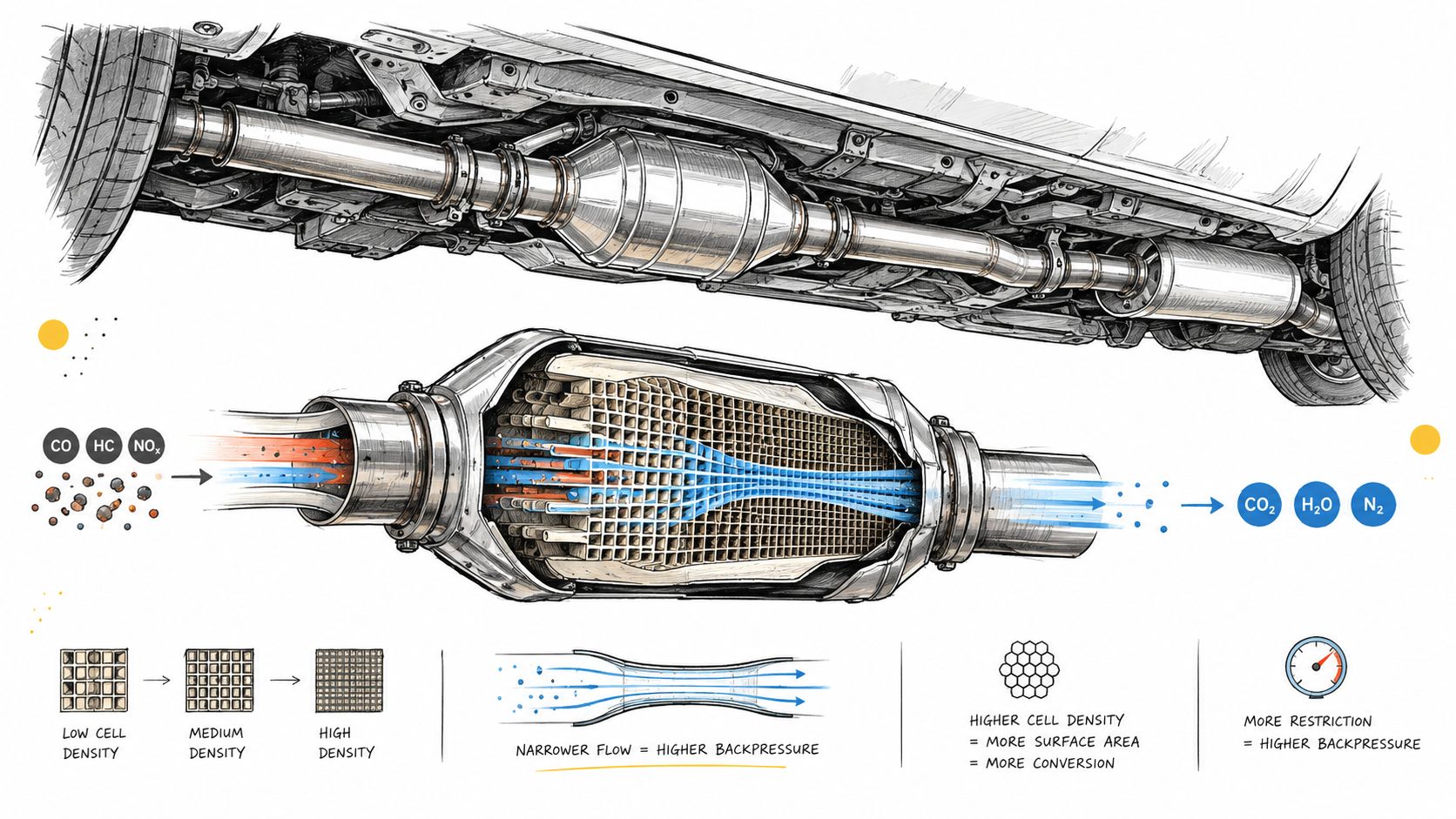 A detailed technical diagram showing how a car catalytic converter transforms harmful engine exhaust emissions into cleaner gases.