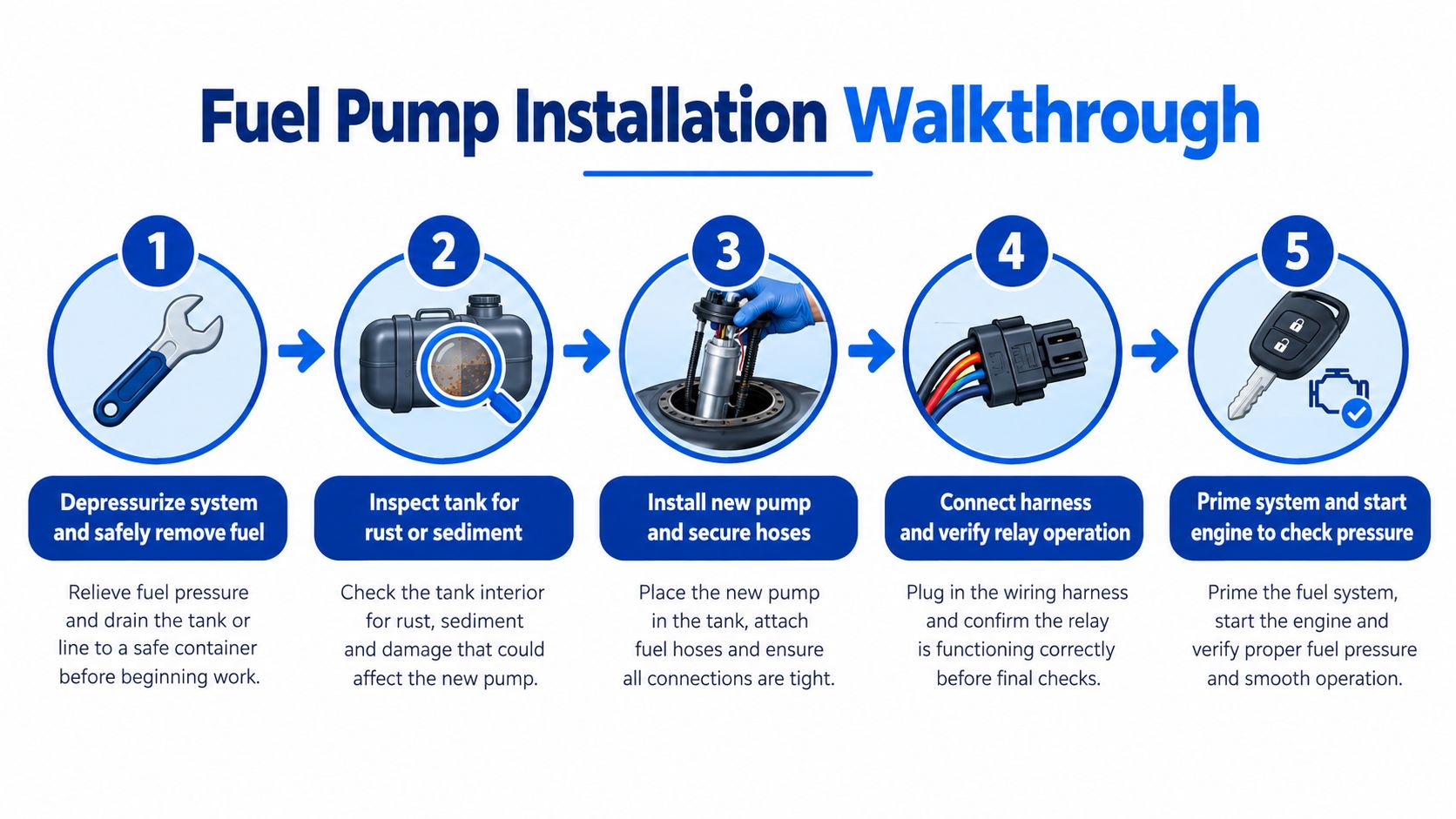 A five-step instructional guide on how to safely install a new fuel pump in a vehicle.