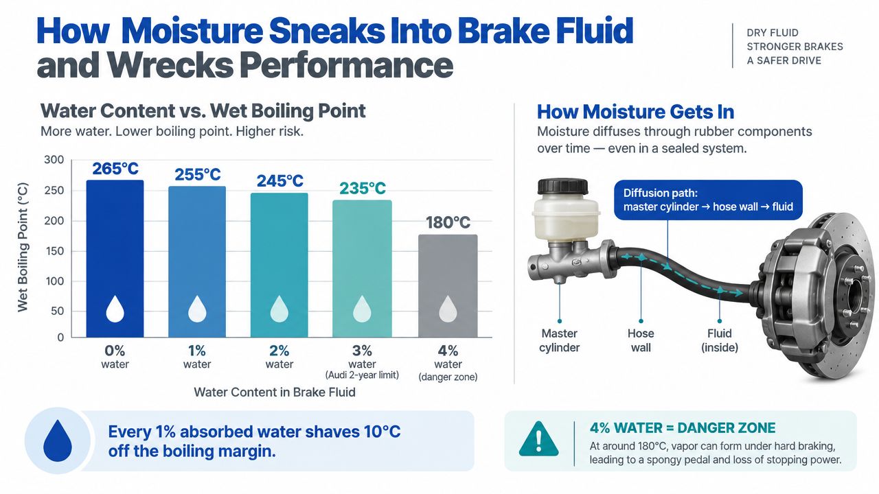 A bar chart showing how increasing water content in brake fluid lowers its boiling point, leading to safety risks.