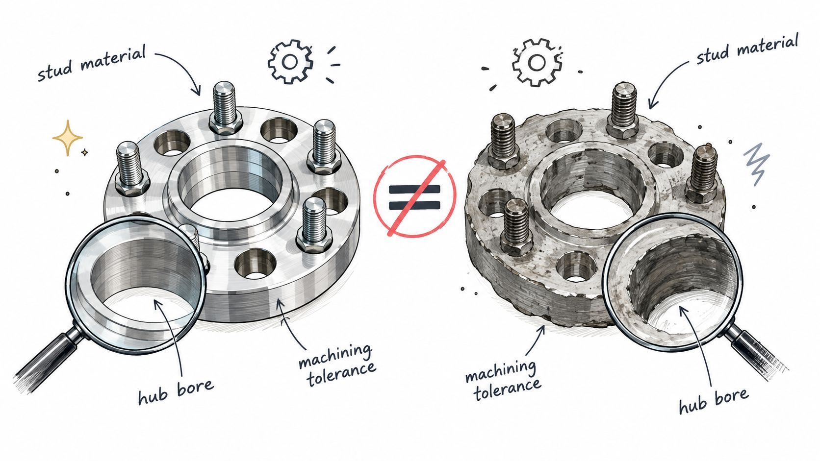 A comparison showing high-quality machined wheel spacers versus low-quality spacers with rough, uneven manufacturing surfaces.