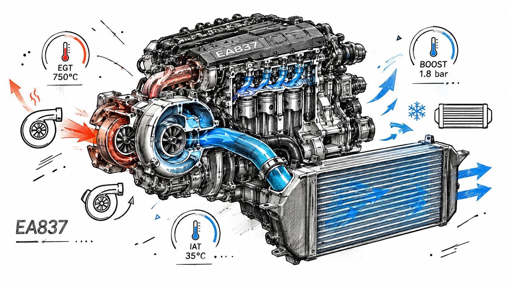 A detailed technical illustration of the EA837 engine showing turbocharger, intercooler, and airflow performance data.
