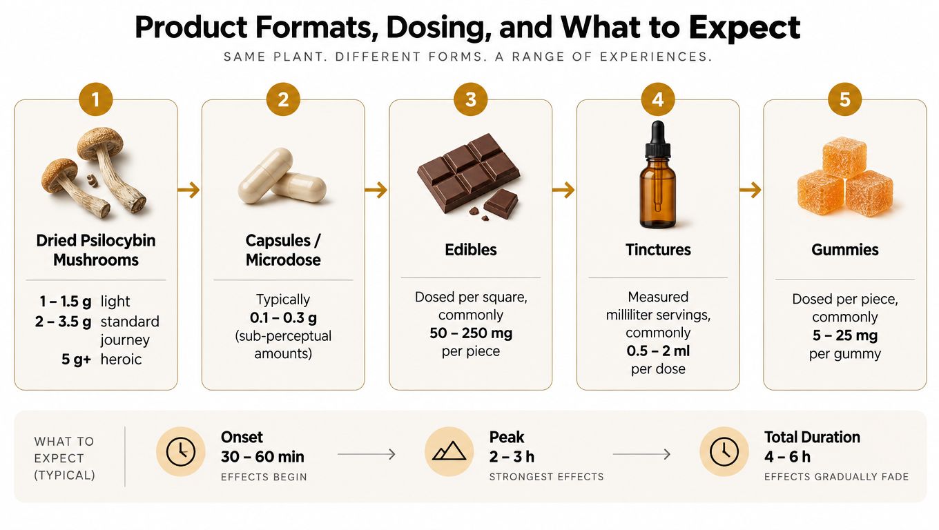 A visual chart explaining psilocybin product formats, typical dosages, and the standard duration of the psychedelic experience.