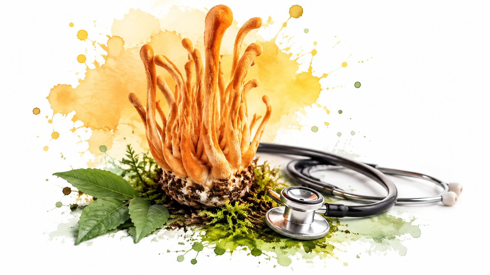 A cordyceps mushroom cluster placed next to a doctor's stethoscope on a white background with watercolor art.