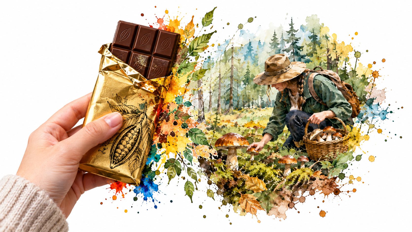 A hand holds a gold-wrapped chocolate bar next to a watercolor illustration of a person foraging mushrooms.