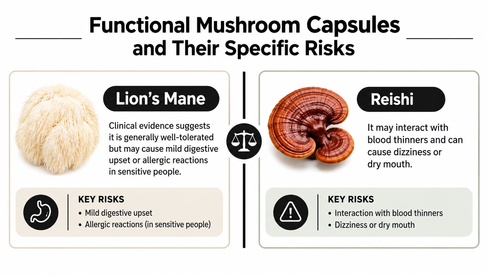 A comparison chart showing potential side effects of Lion's Mane and Reishi functional mushroom supplement capsules.