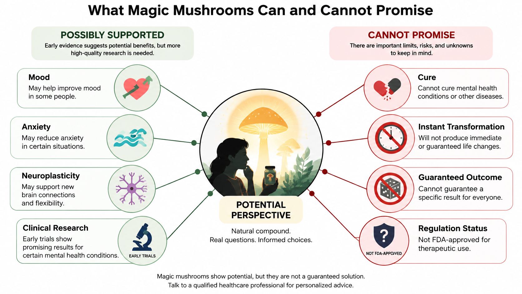 An infographic titled What Magic Mushrooms Can and Cannot Promise displaying benefits and limitations of psilocybin.