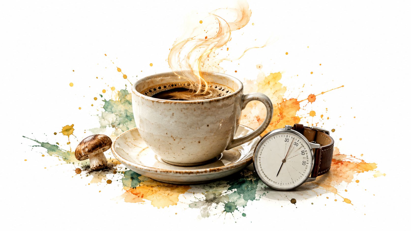 A steaming cup of coffee next to a small mushroom and a wristwatch on a watercolor background.