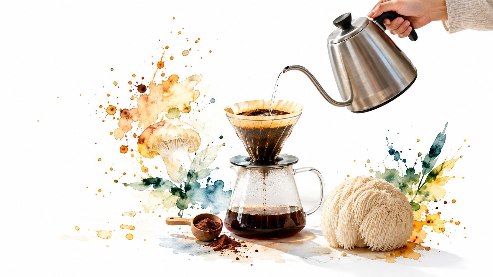 A hand pours hot water over coffee grounds in a glass dripper with lion's mane mushrooms nearby.