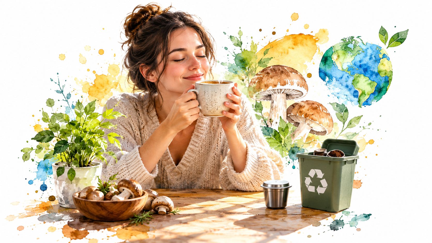 A woman enjoying a warm cup of mushroom coffee surrounded by nature-themed watercolor illustrations and recycled materials.