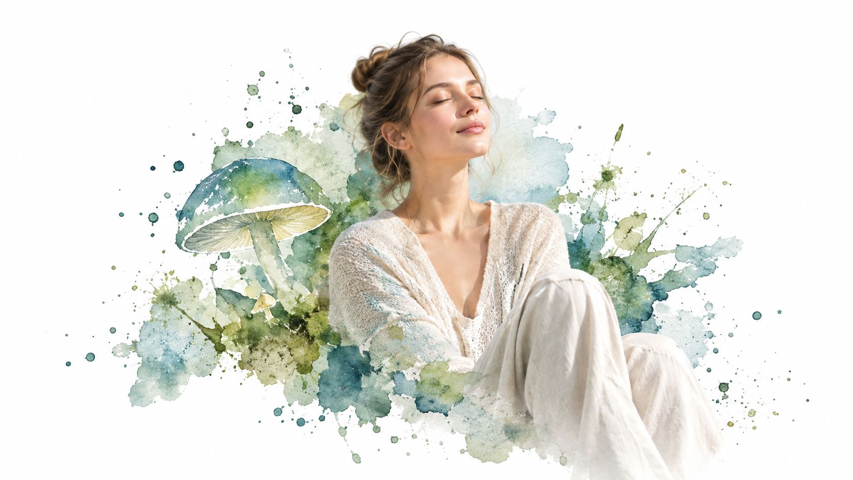 A peaceful woman with her eyes closed sitting beside a large watercolor painting of a magic mushroom.