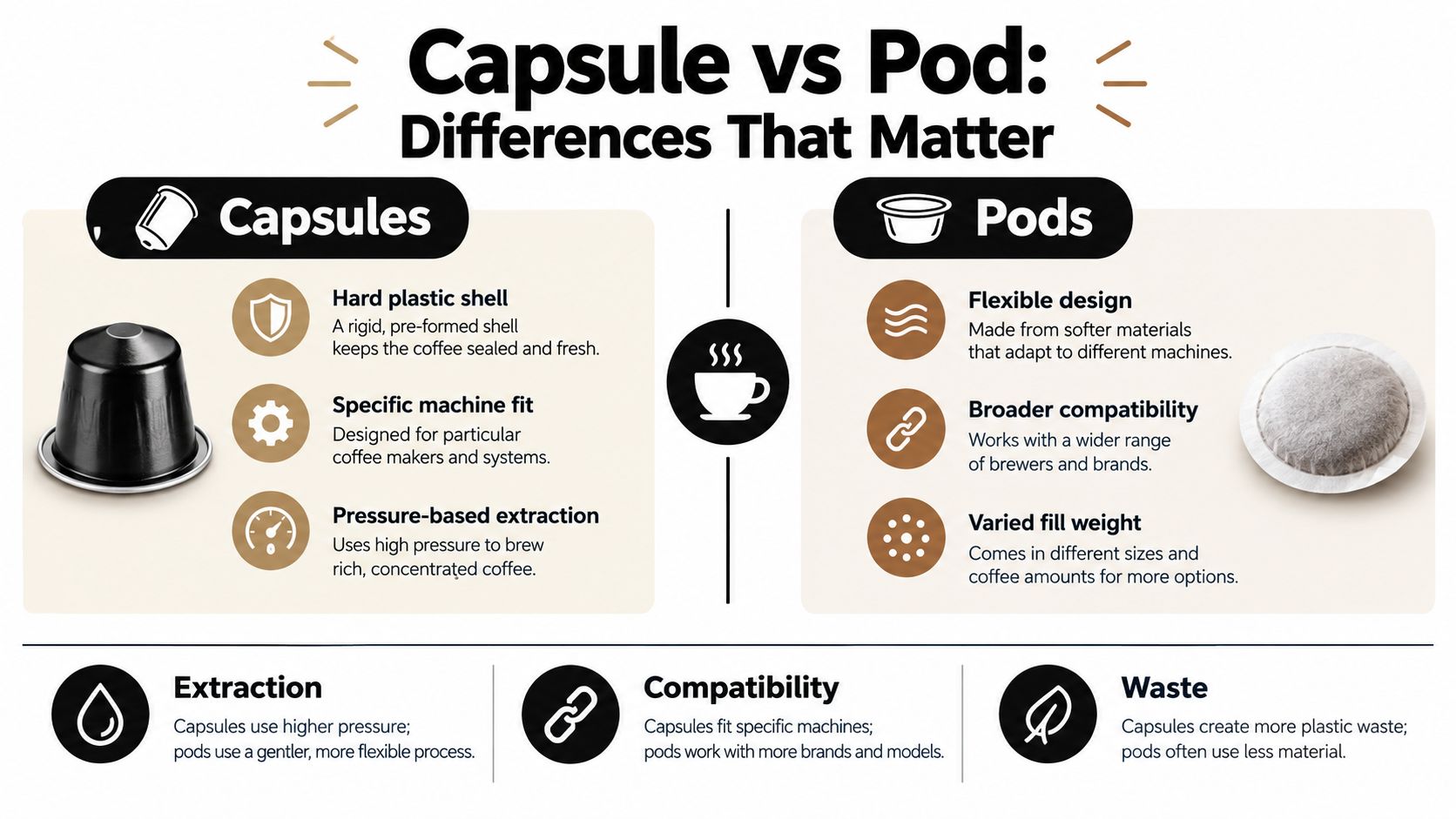 An infographic illustrating the functional and design differences between coffee capsules and coffee pods.