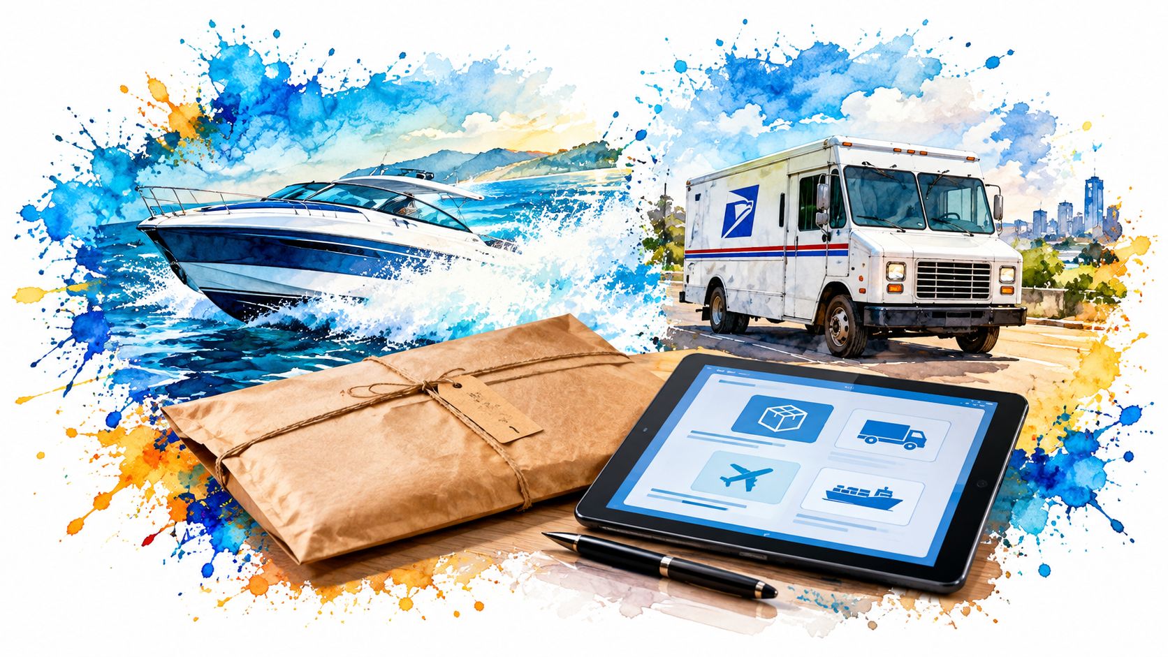 A digital tablet displaying shipping options next to a wrapped parcel, a delivery truck, and a boat.