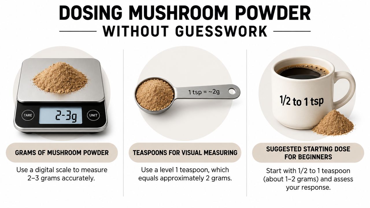 An infographic showing how to measure mushroom powder using a digital scale or a teaspoon for coffee.