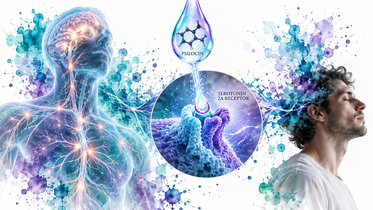 A digital illustration showing the interaction between psilocin and serotonin 2A receptors in the human brain.