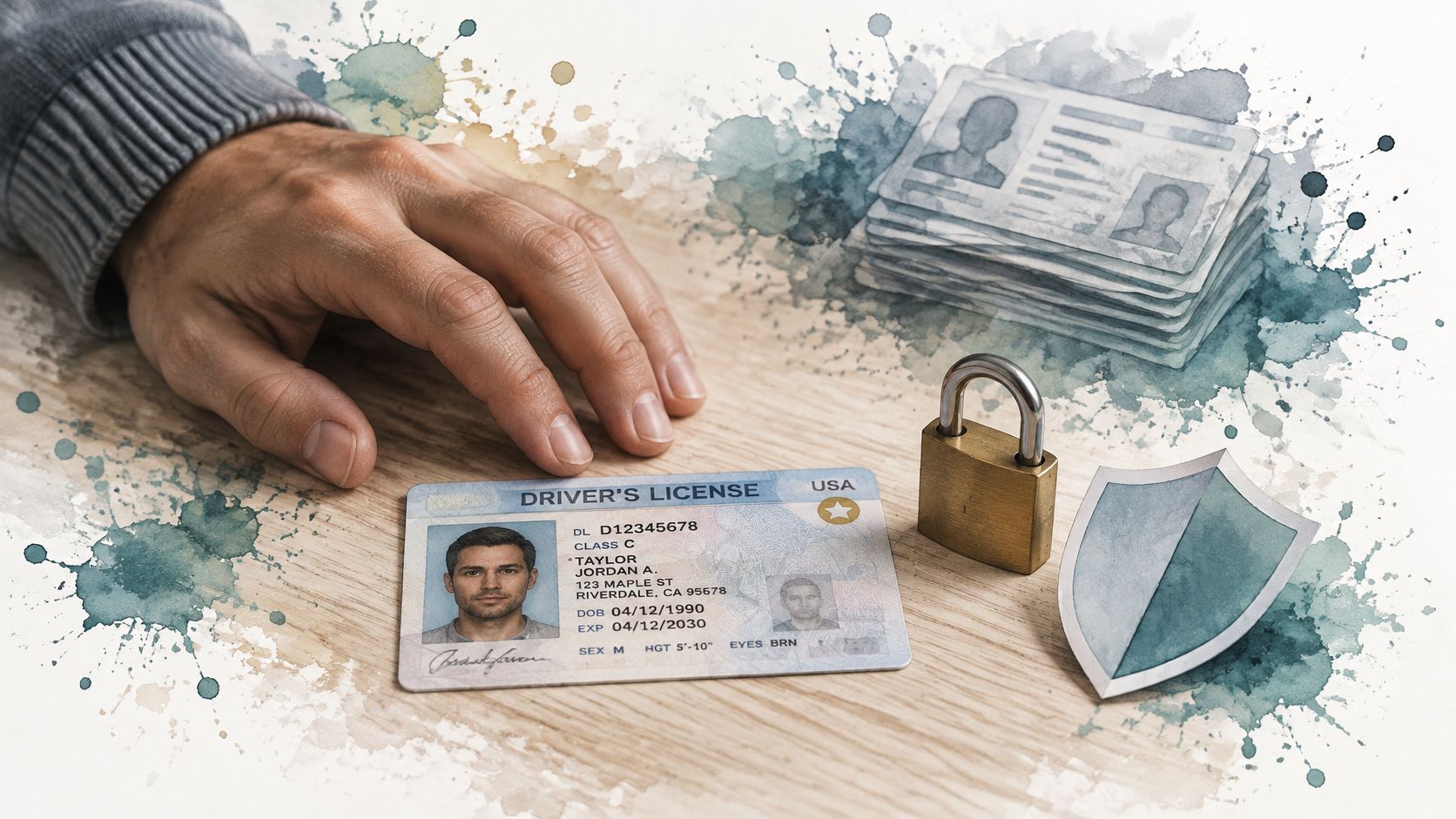 A hand rests near a US driver's license, a metal padlock, and a shield symbolizing identity verification.