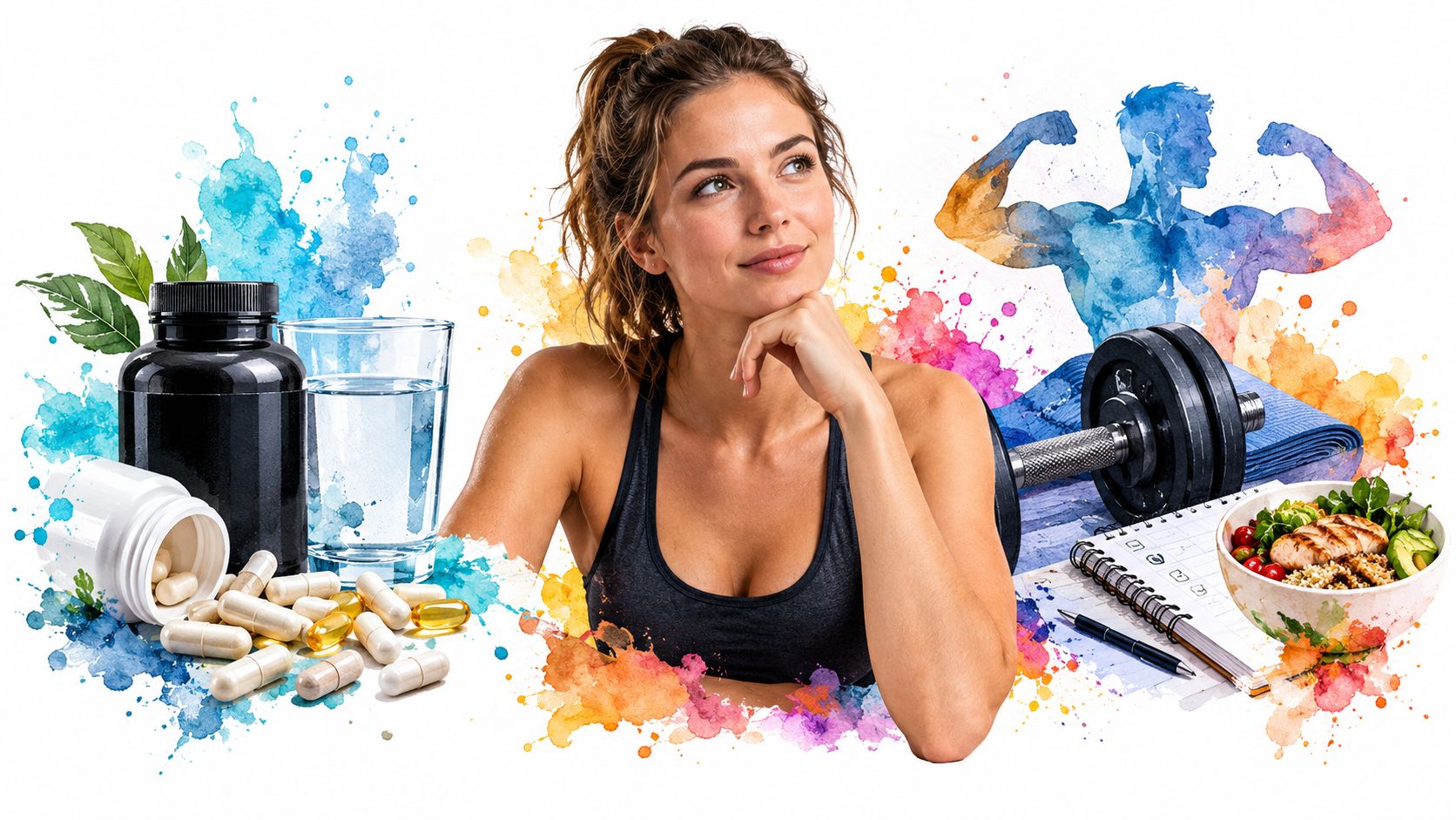 A fit woman thinking about fitness, healthy nutrition, and dietary supplements surrounded by colorful watercolor splashes.