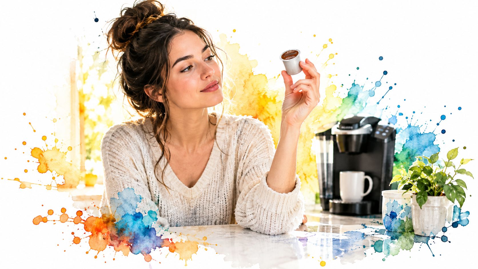 A woman in a cozy sweater holds a coffee capsule, with a coffee machine and houseplant nearby.