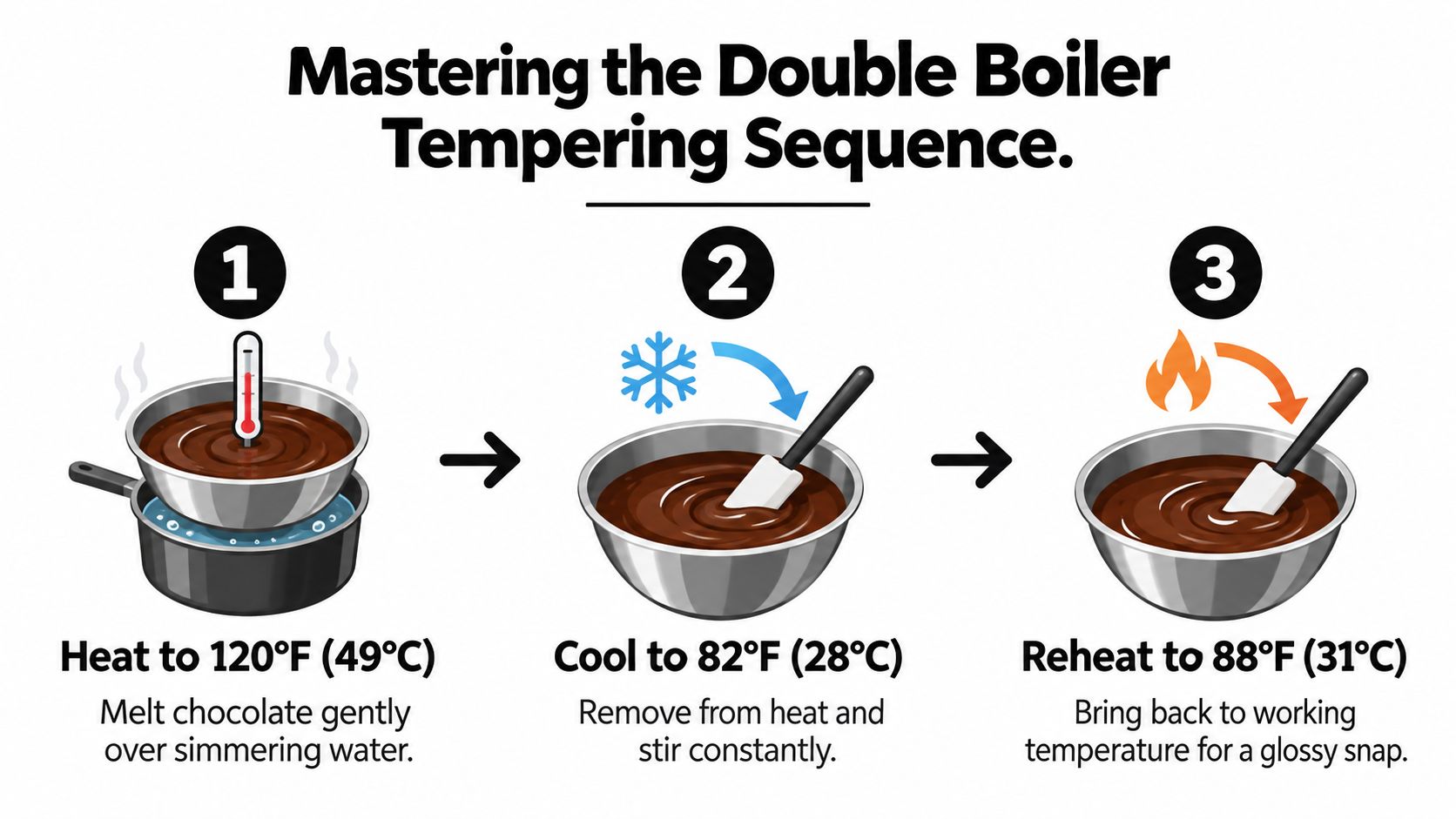 An infographic detailing the three-step double boiler tempering sequence for chocolate with specific temperature instructions.