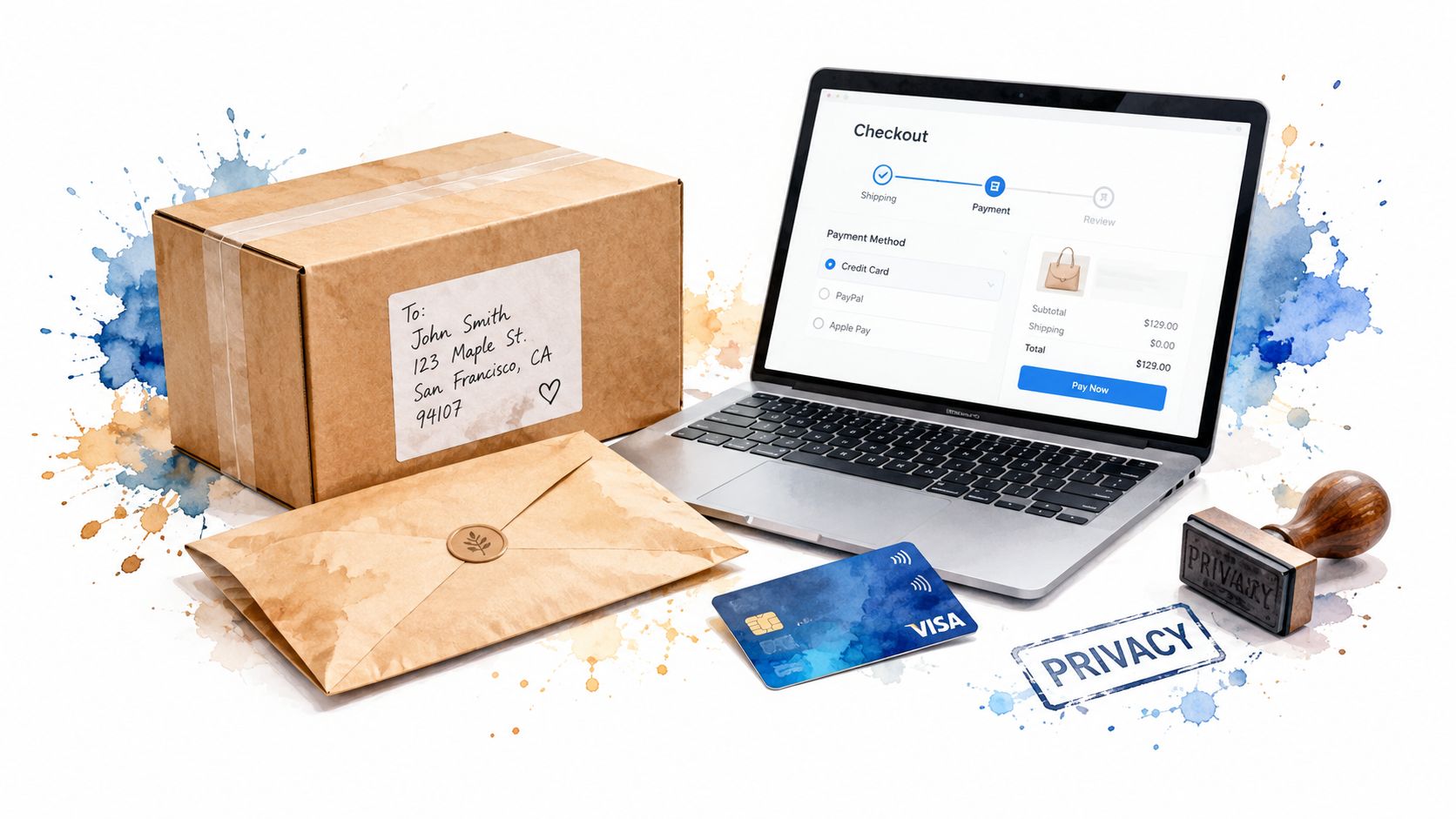A shipping box, envelope, and laptop displaying an online checkout screen with payment options and a credit card.