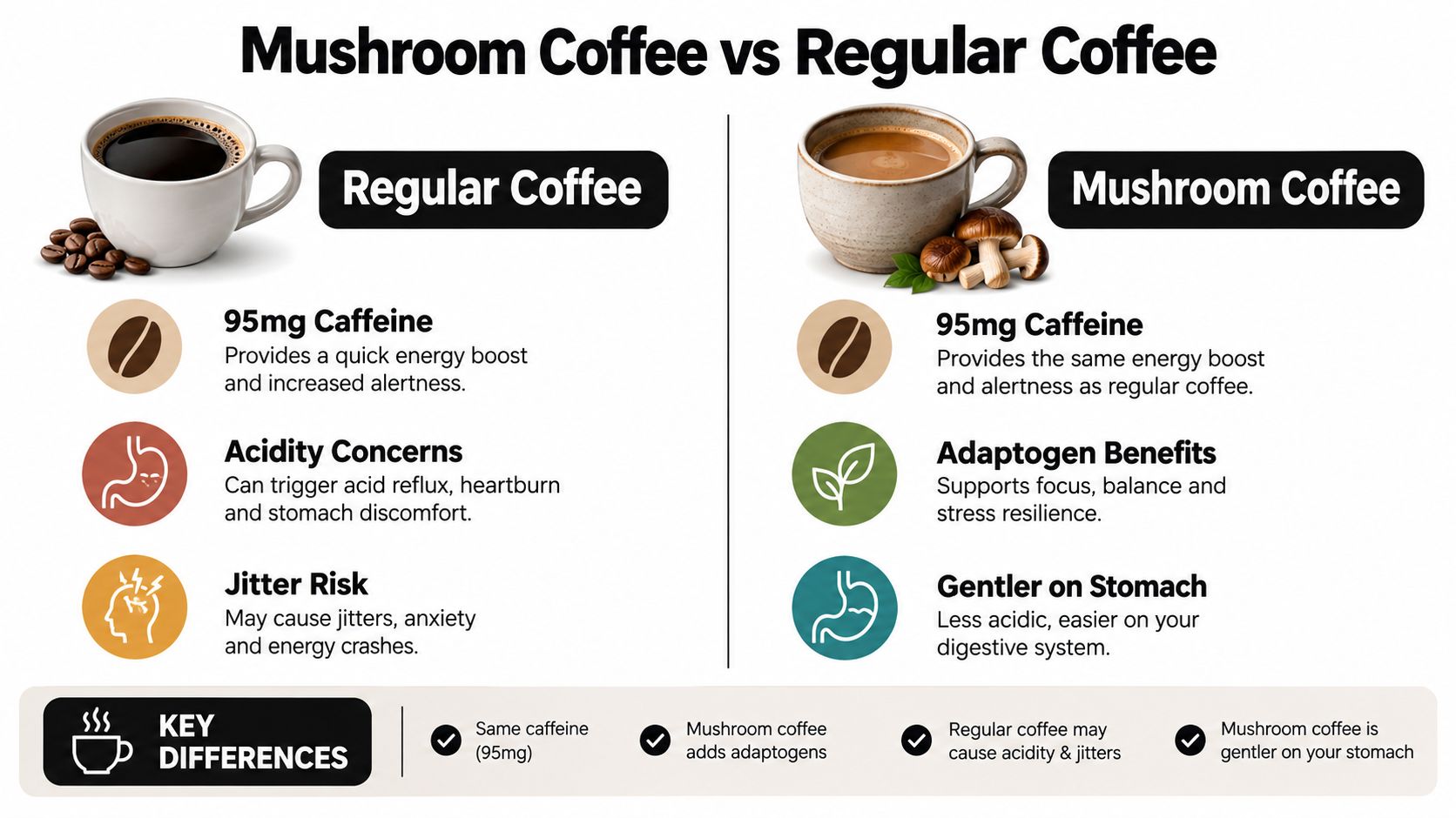 A comparison infographic showing the benefits and differences between regular coffee and mushroom coffee options.