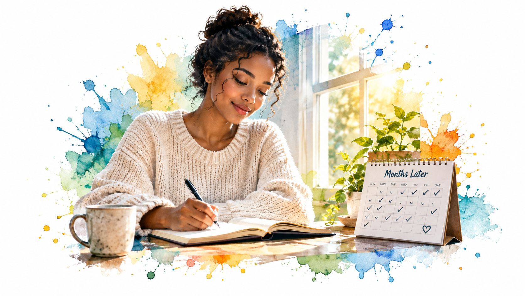 A woman smiling while writing in a journal next to a calendar with marked dates.