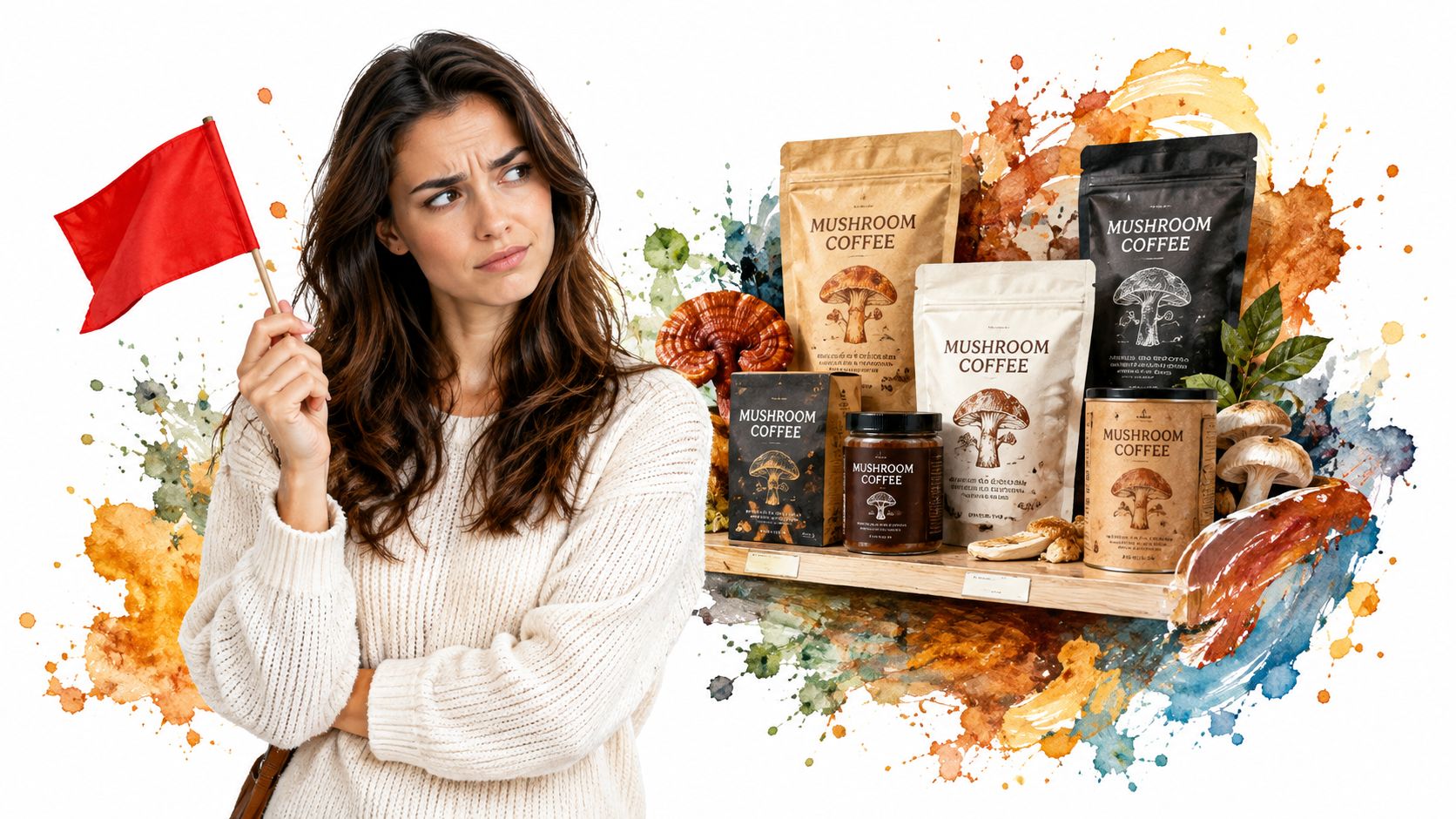 A woman holding a red flag looks skeptically at a shelf full of various mushroom coffee products.