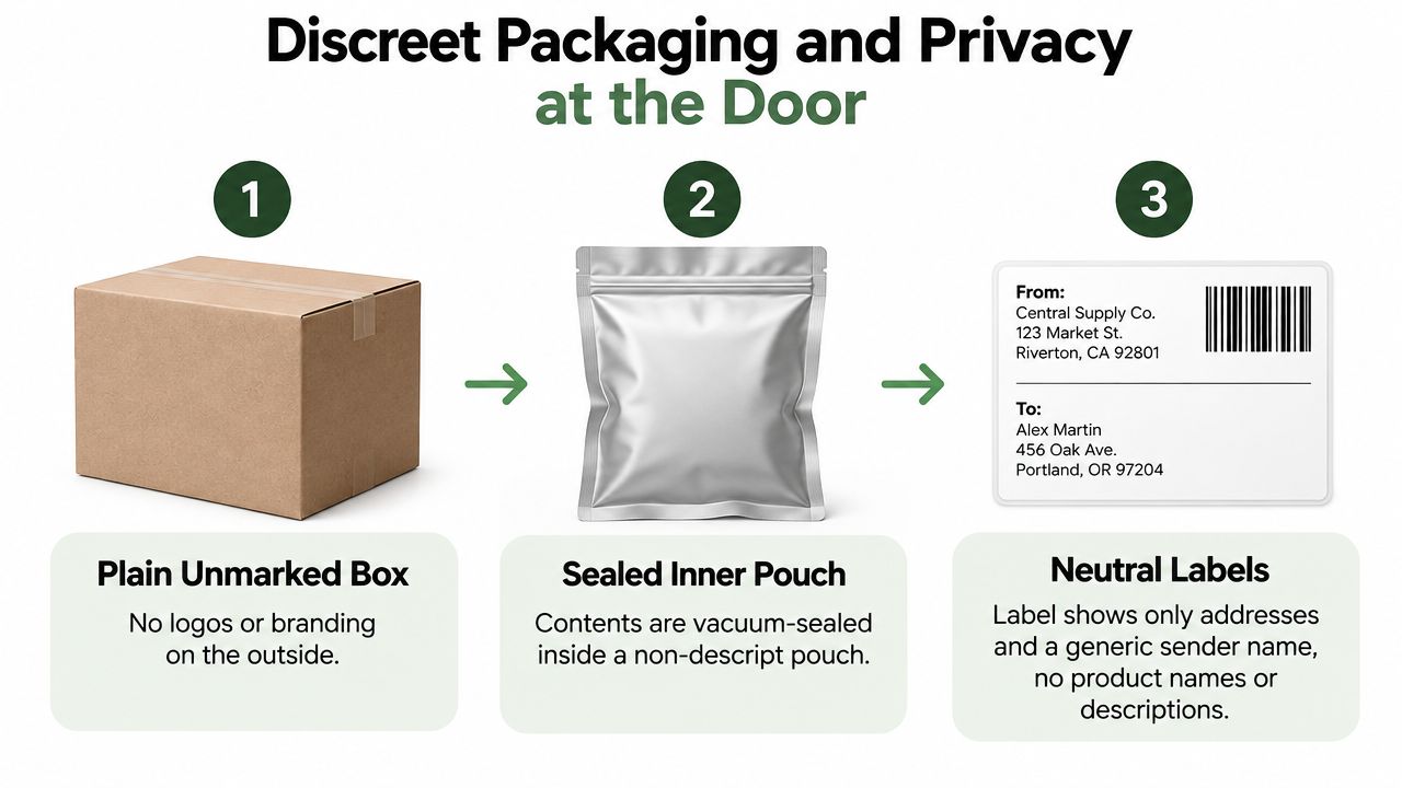 A graphic demonstrating three steps of discreet shipping using plain boxes, sealed pouches, and neutral mailing labels.