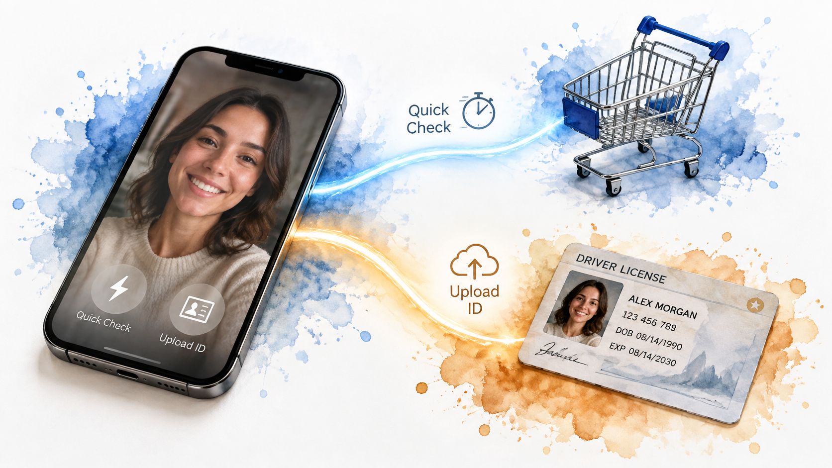 A smartphone showing a person scanning their ID to verify their age for an online shopping cart.