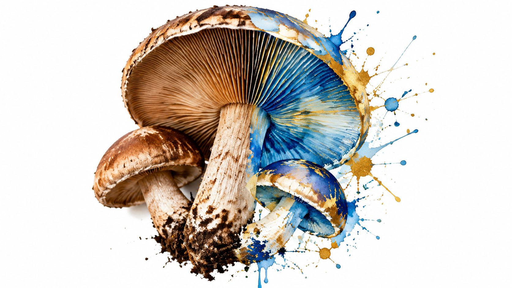 Three artistic mushrooms blending brown earthy tones with vibrant blue watercolor splashes and gold paint accents.