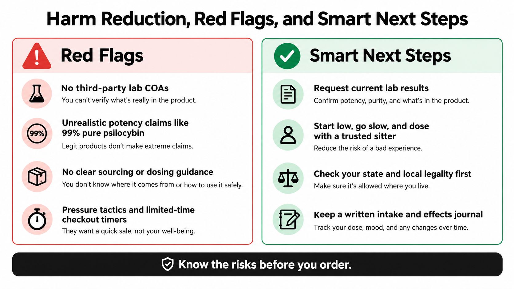 A safety infographic titled Harm Reduction, Red Flags, and Smart Next Steps for purchasing psychedelic substances.
