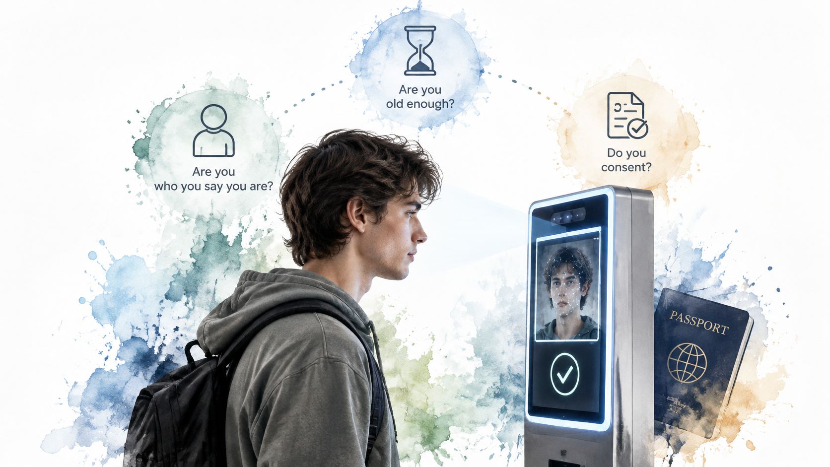 A young man undergoing a facial recognition age verification process at an automated digital terminal kiosk.