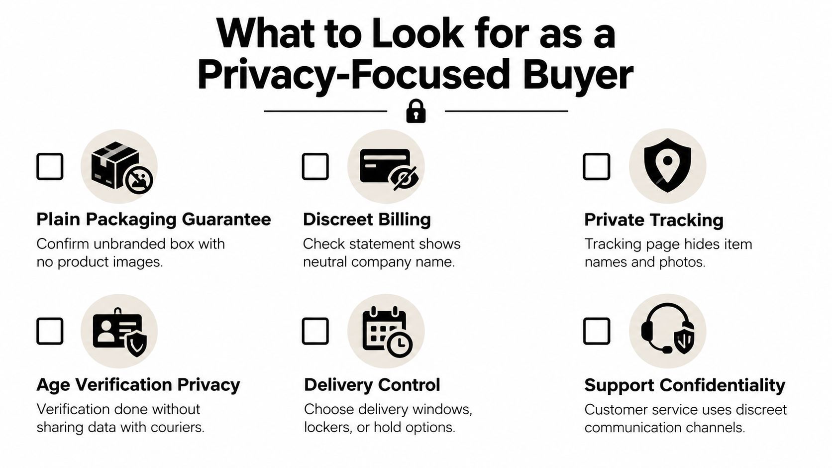 A checklist infographic titled What to Look for as a Privacy-Focused Buyer illustrating six discreet shopping features.