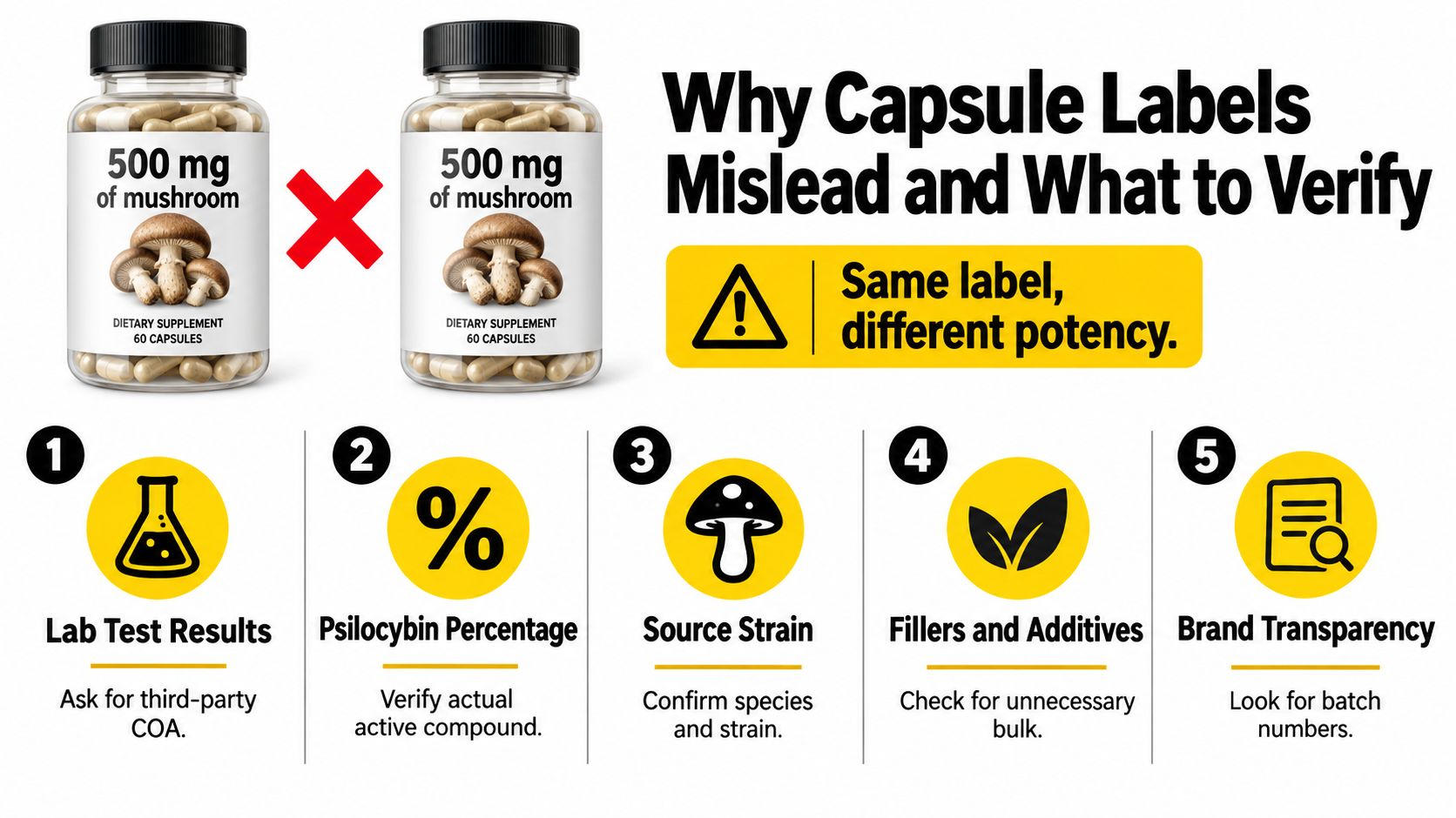 An educational infographic explaining why mushroom supplement labels can be misleading regarding potency and quality.