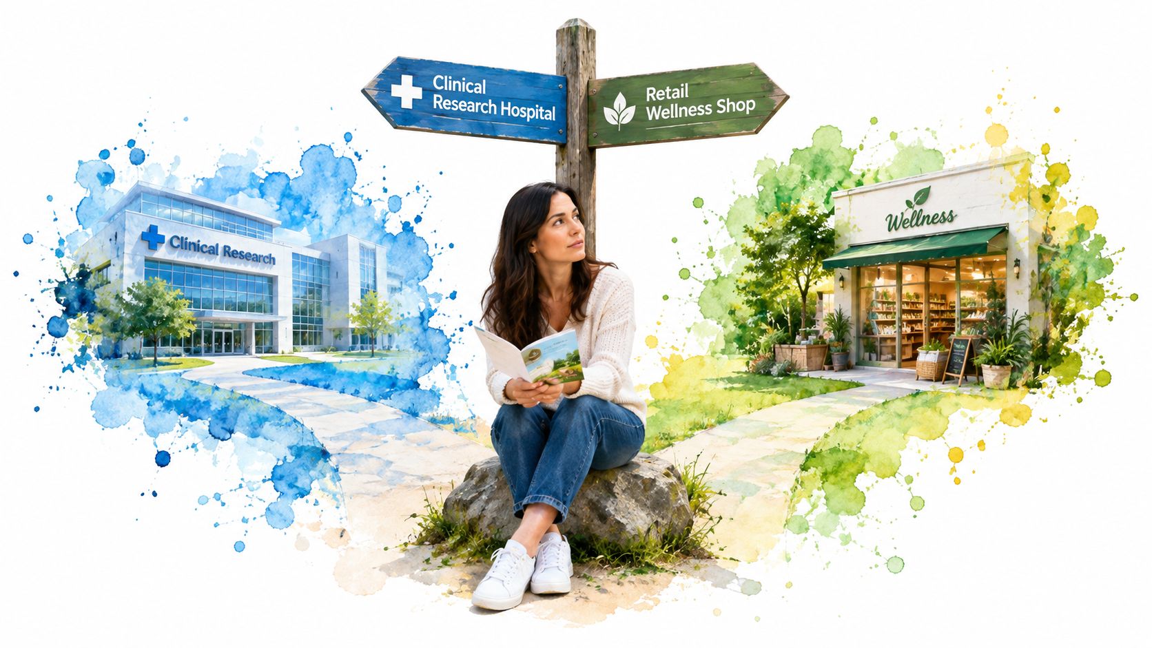 A woman sits on a rock at a crossroads deciding between a clinical research hospital and wellness shop.