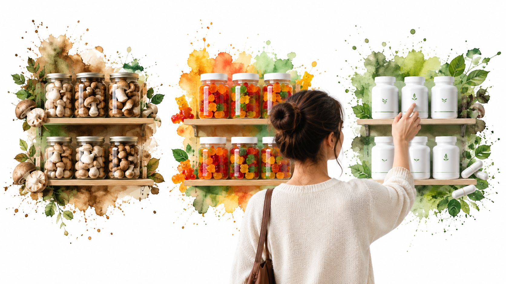 A person choosing between jars of natural dried mushrooms, gummy supplements, and white herbal capsule bottles.