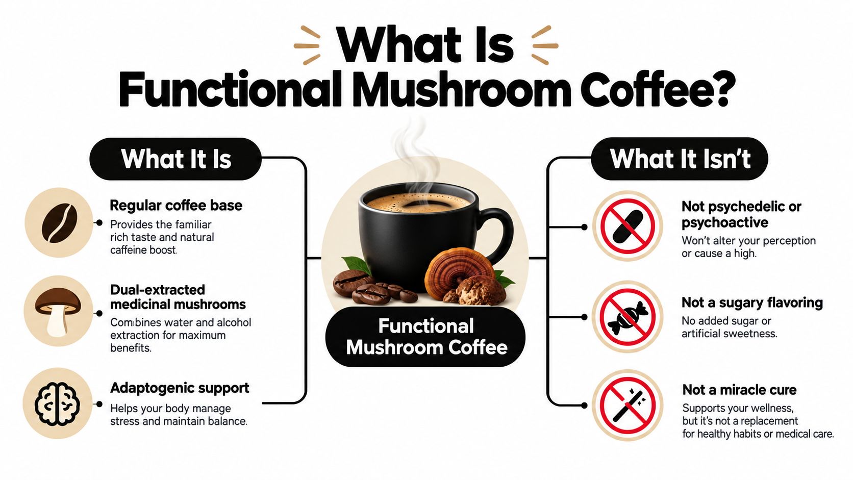 An infographic explaining what functional mushroom coffee is, comparing its components to common misconceptions in two columns.